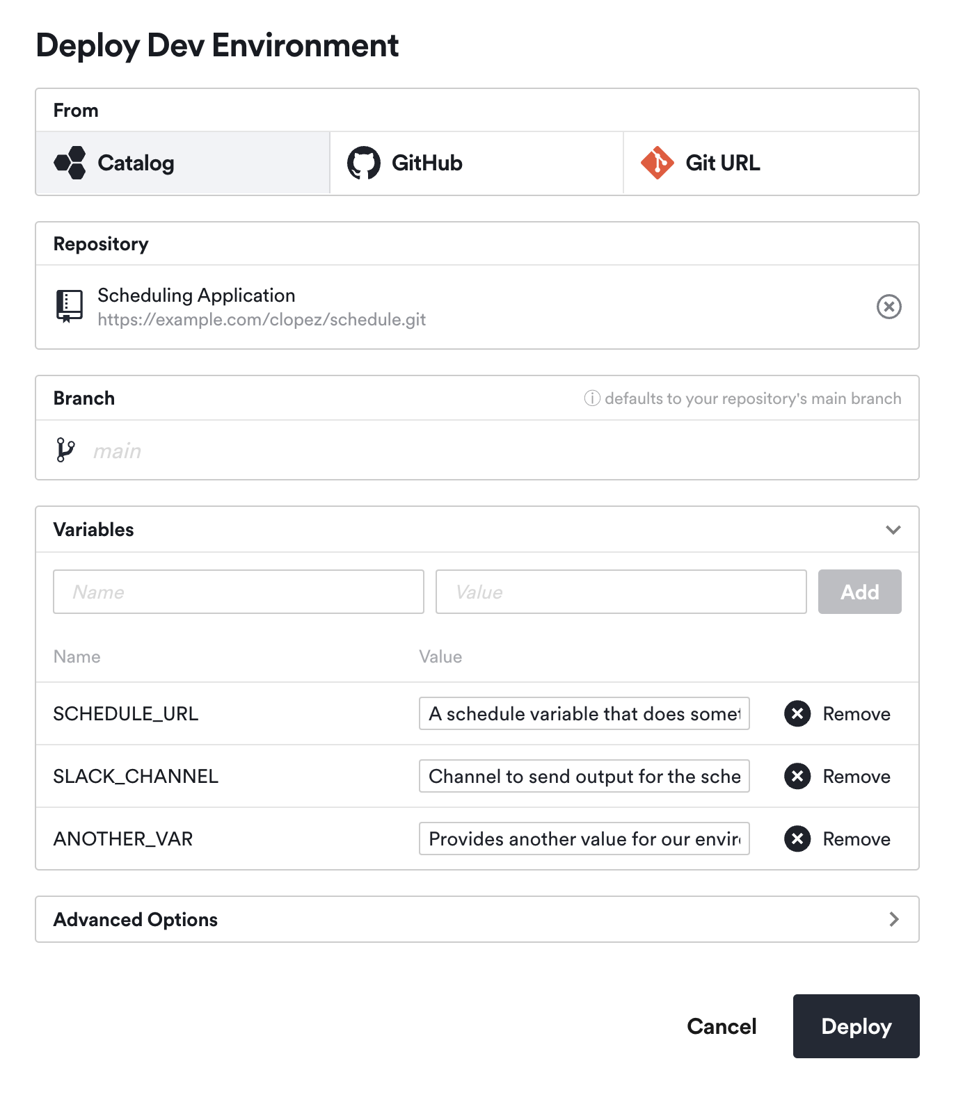 view a Catalog repo's environment variables