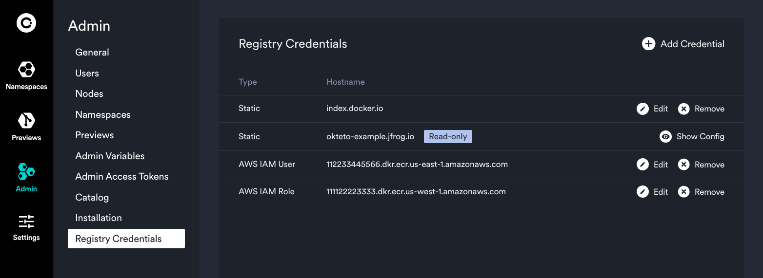 Registry credentials view